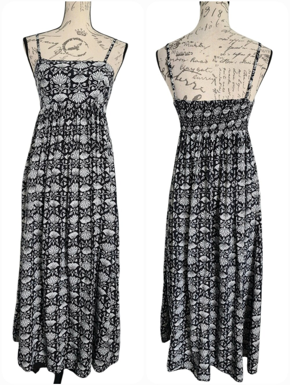 Natural Life Bailey black white floral boho maxi dress XS Pockets Smocked casual